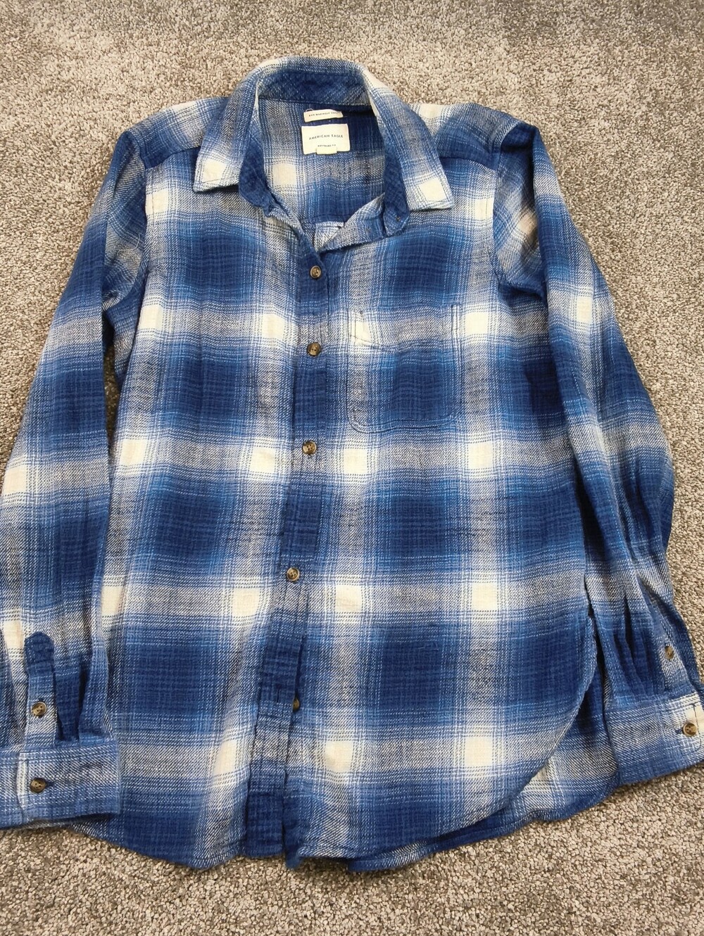American Eagle Ahh-Mazingly Soft Womens Boyfriend Fit Blue Plaid Flannel Shirt S